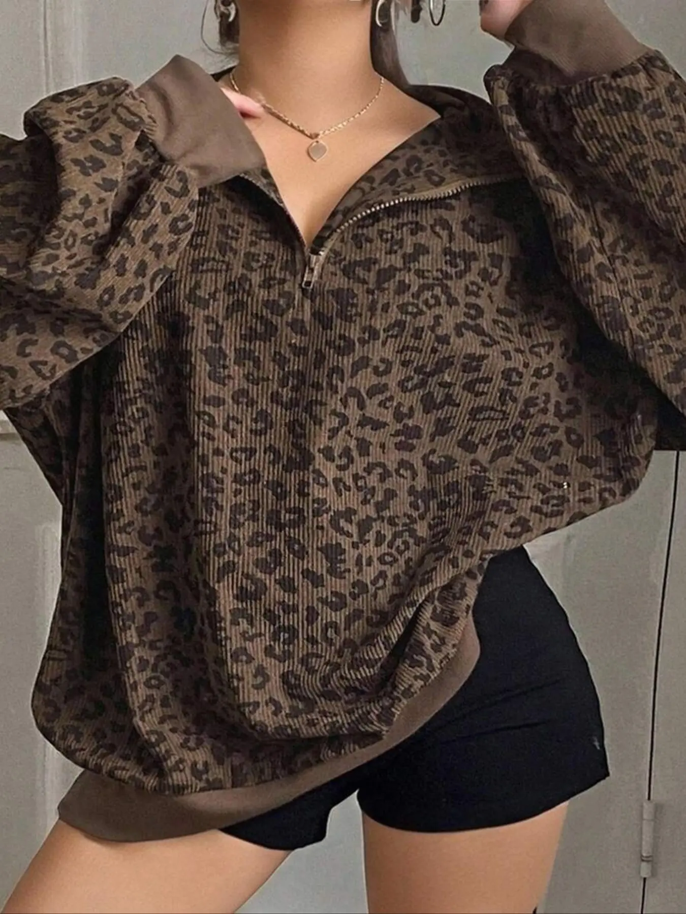 Women's Leopard Print Statement Zipper Half Button Loose Baggy Casual Pullover Sweater, Fall Fashion, Daily Wear, Comfortable Fit, Tops, Womenswear