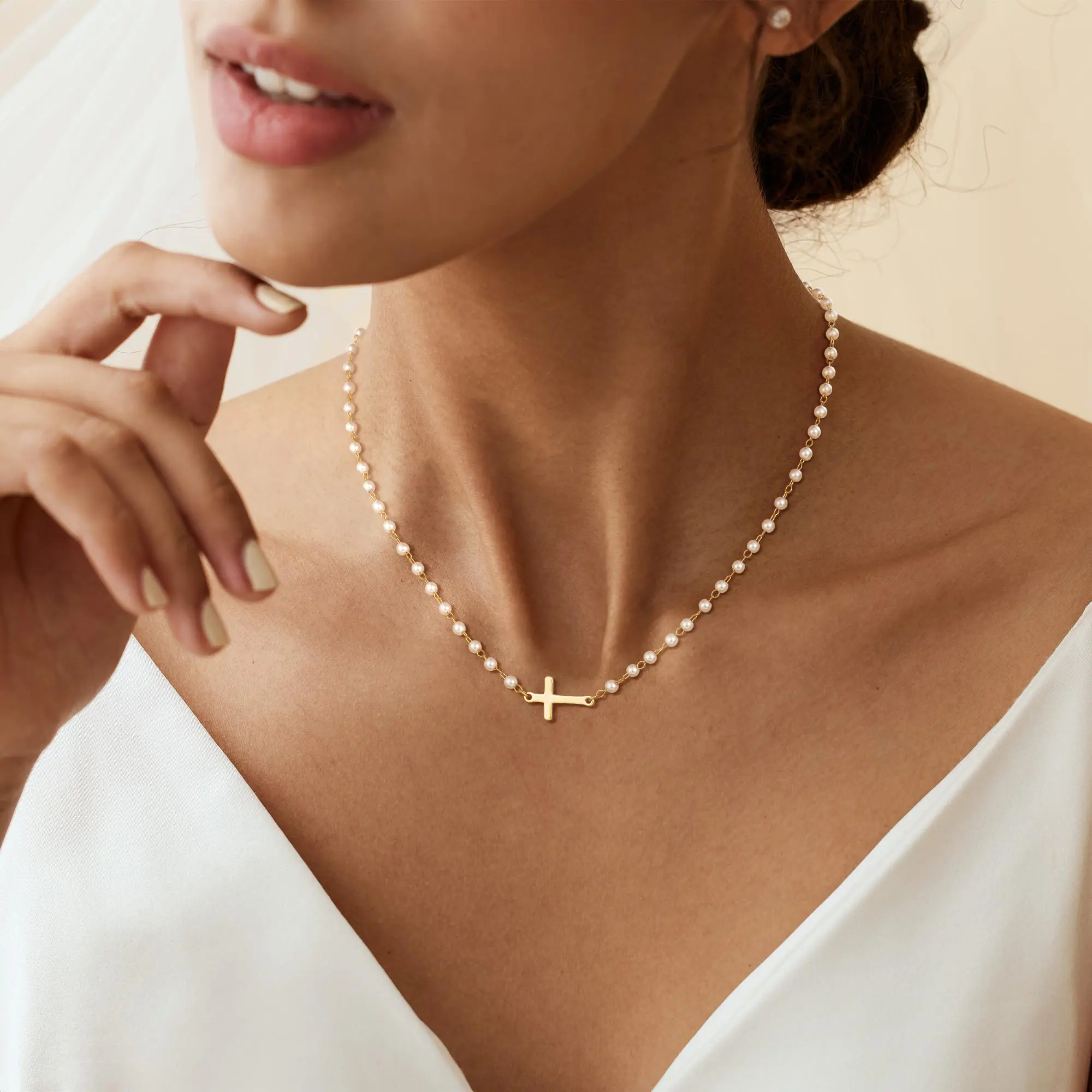 FOXGIRL Dainty 3mm Pearl Necklace with Gold-Tone Cross Charm, Stylish Pearlcore Jewelry for Women, Layerable for Daily & Holiday Outfits, Dainty Pearl Necklace, Stylish Accessories, Jewelry Stack, Double-Hole, Cross Motif Necklaces