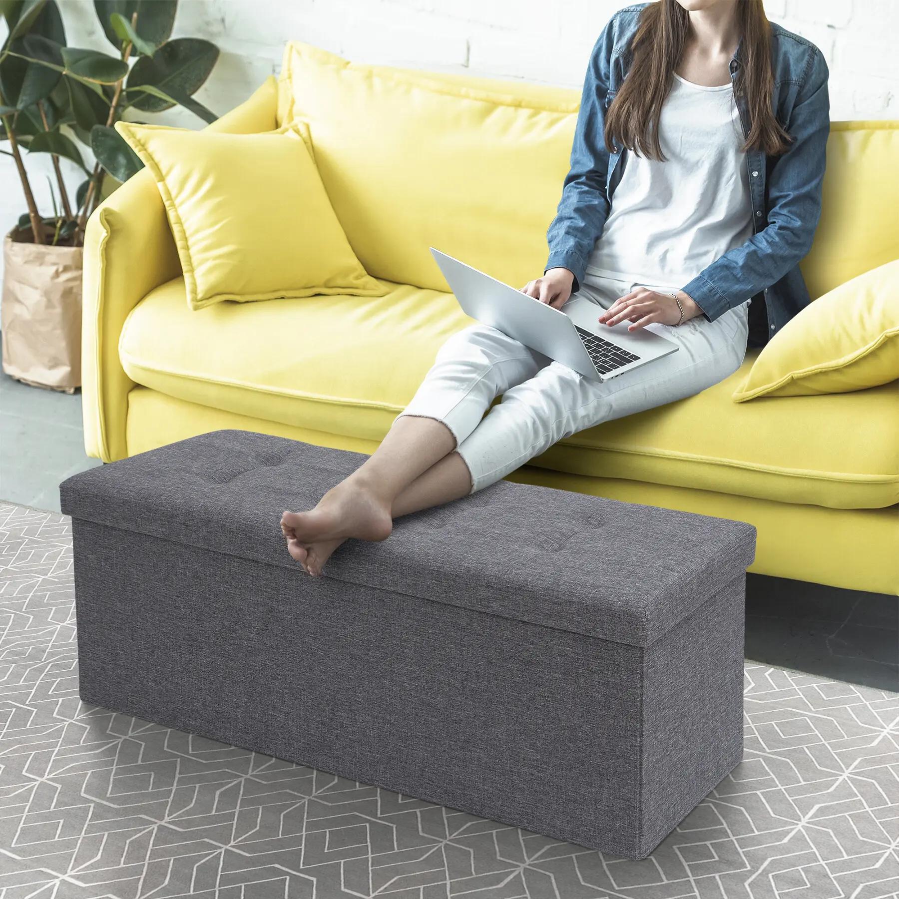 Segawe 120L Foldable Button Tufted Comfortable Storage Ottoman Stool - Modern Dark Grey Linen-Look Fabric Home Furniture, High Elastic Foam Padding, Interior Living Room Seat for Clothes Storage