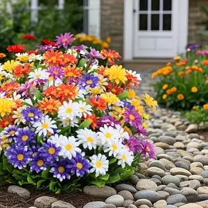 5pcs Artificial Daisy Fence Plastic Fake Flowers Home Decor, Vibrant Colorful Floral Arrangement, Artificial Flower Arrangements, Model Xinghao, No Ca Prop 65, Plastic Faux Flowers Durable Plastic Flower