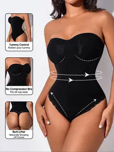 Women's Seamless Strapless Elastic Shapewear Bodysuit, Tummy Control Mid-Thigh Body Shaper, Perfect for Cocktail Off-Shoulder Dresses, Essential Womenswear