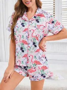 2-Piece Women's Light Pink Flamingo & Beer Bottle Print Pajama Set, Vacation Vibe Notch Collar Short Sleeve Top with Pocket & Elastic Waist Shorts, Breathable All-Season Loungewear