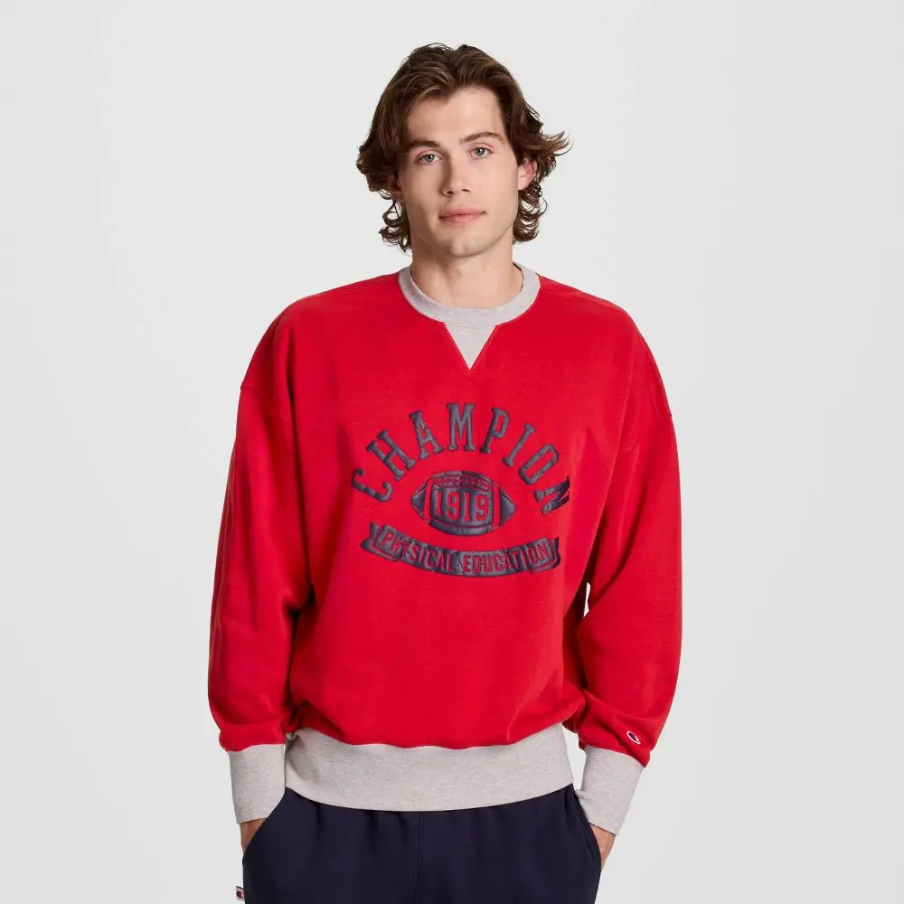 CHAMPION Men's Phys-Ed Colorblocked Sweatshirt, a Limited Edition Garment in Midweight Cotton Fleece Fabric with Ribbed Trim & Retro Football Graphic