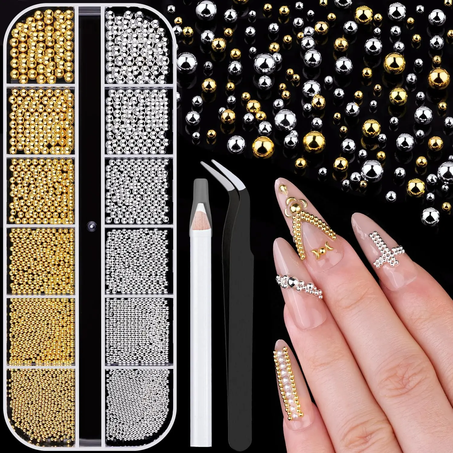 1-3MM Mini Small Nail Beads Metal Caviar Beads Silver Gold Nail Charms and Gems Ball, Nail Balls for Nail Art Accessories Supplies Gold Rhinestones for Women Manicure
