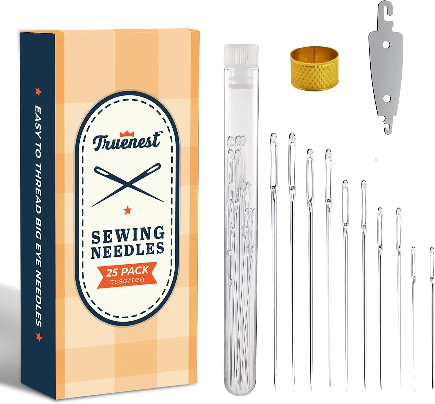 TRUENEST Sewing Needles - 25-Pcs Pack for Hand Stitching, Cross Stitch, and Embroidery - Large Eye Needles with Bonus Threaders
