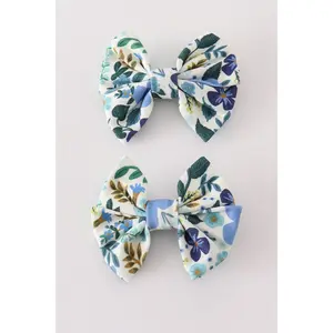 Blue floral print hair bow