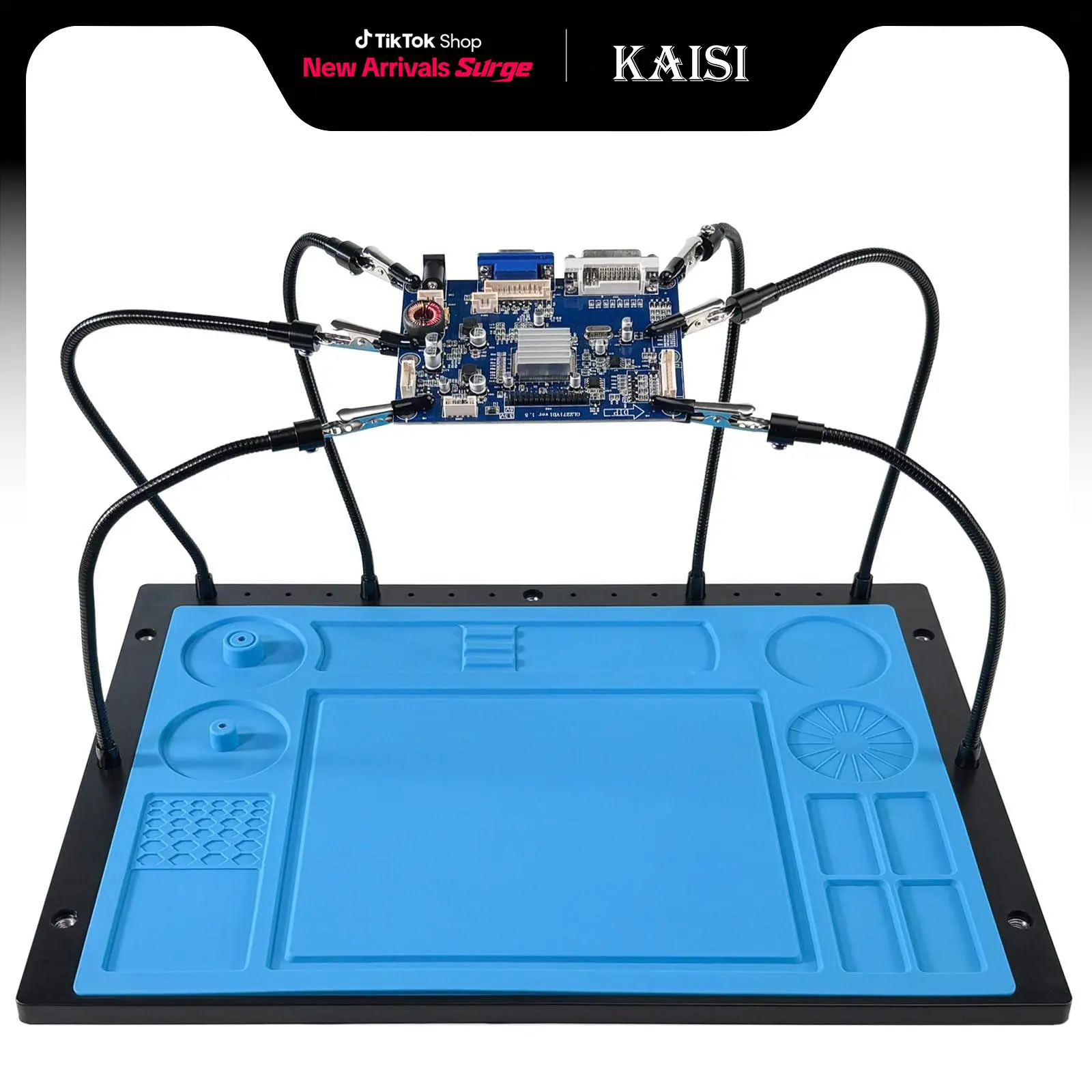Kaisi 6-Arm Helping Hands Soldering Station Tool Kit - Heavy-Duty Metal Base, Heat-Resistant Silicone Mat, 2×13.39" Adjustable Arms, 11 Fixing Holes, Adjustable PCB Holder for Electronics Repair, DIY Projects, Jewelry, Diy Hobbyist