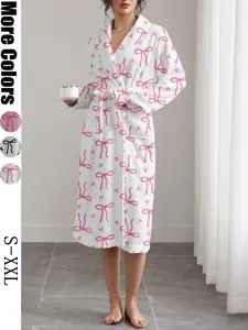Women's Flannel Robe, Soft Plush Winter Sleepwear, V Neck Long Sleeve, Bow Print, Casual Home & Outdoor Wear