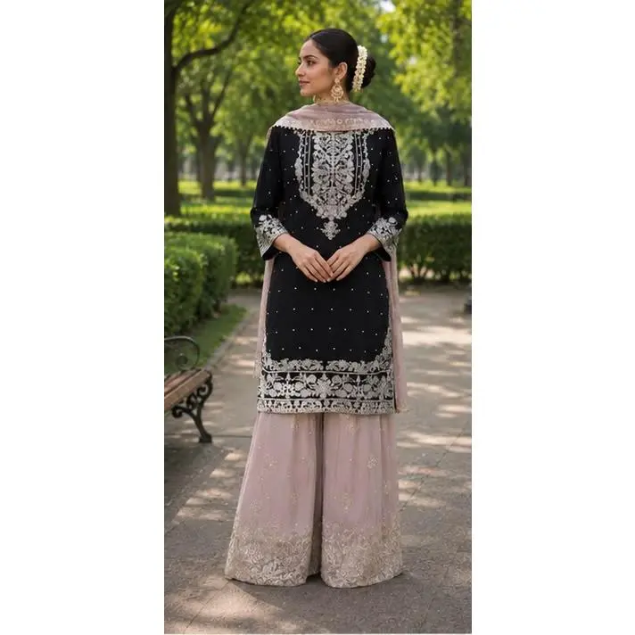 Luxury Black Sharara Set – Georgette with Machine Embroidery & Pearl Detailing