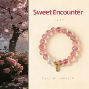 [Sweet Encounter] crystal bracelet, strawberry quartz white crystal, unisex, daily wear gift, natural stone gold accents, love romance symbol