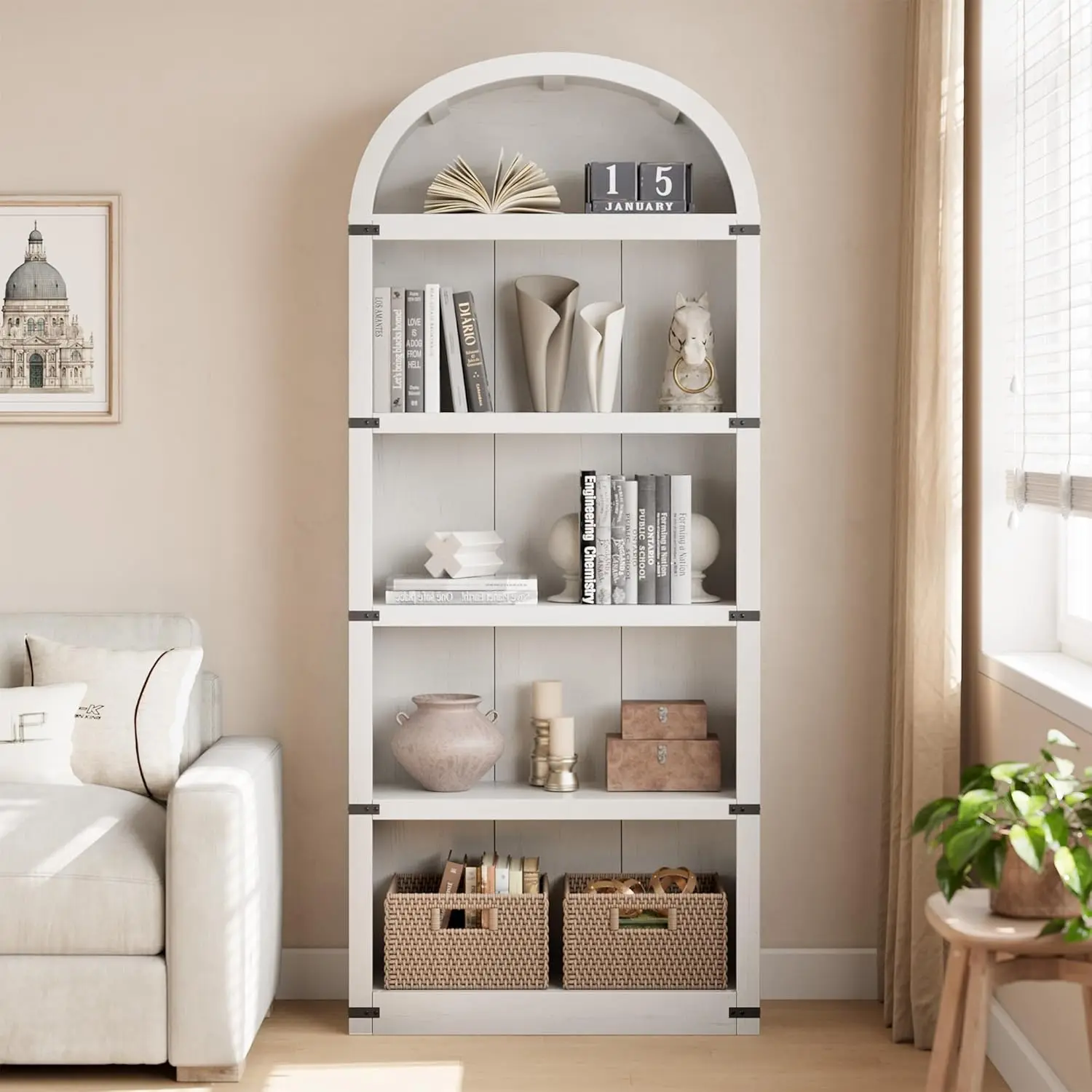 5-Tier Bookshelf, 182cm Arched Display Racks Large Wood Book Shelf, Modern Freestanding Open Bookcase for Bedroom, Living Room, Home Office 76x30x182cm - Black