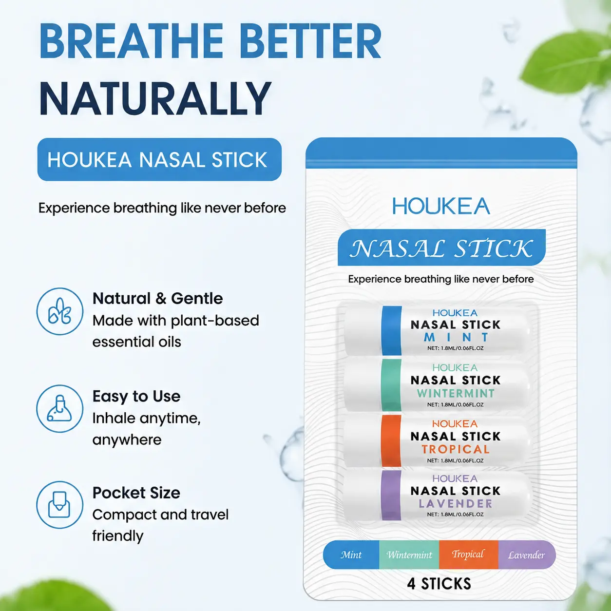 Nasal Stick 4-Pack – Free Your Nose with Powerful Essential Oils, Innovative Vapor Flow Technology, Mint, Wintermint, Tropical & Lavender, Clear Breathing, Sinus Relief, Portable Nose Stick for Daily Fresh Air