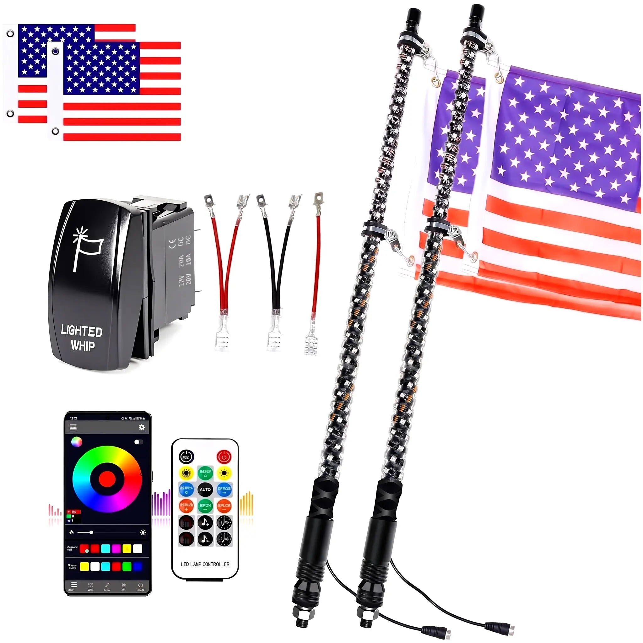 3FT LED Whip Lights with Spring Base Spiral RGB Chasing Lights with APP & Remote Control, Music Antenna Whip Light for Can-Am UTV ATV RZR Can-Am SXS Polaris Offroad Truck
