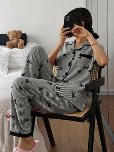 Women's Striped Bow Tie Print Pajama Set Pjs, Short Sleeve Open Cardigan & Elastic Waist Pants, Comfortable Casual Loungewear Homewear Print Sleepwear Nightwear