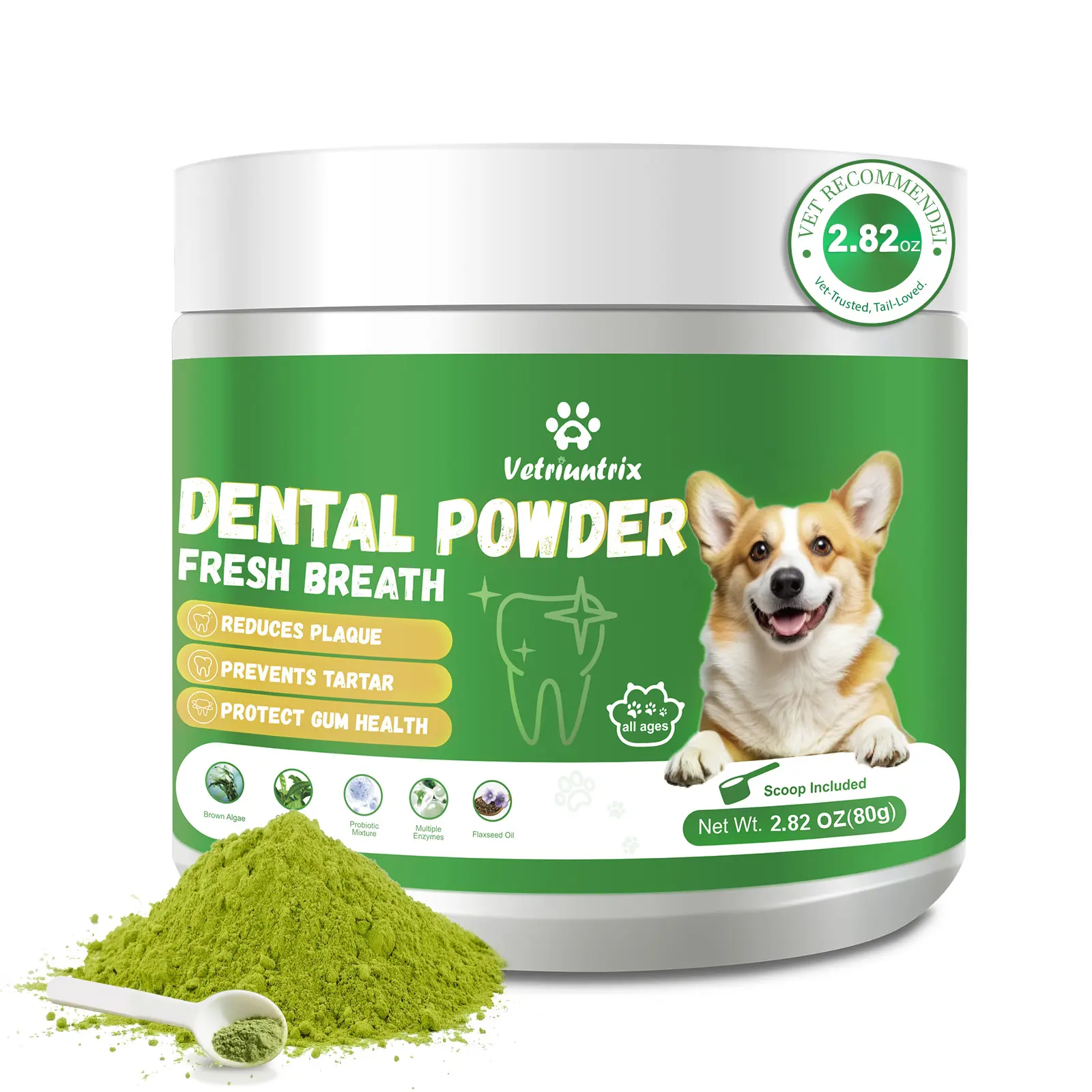 Vetriuntrix Ultra-Fine Dog Oral Care Powder, Chicken Flavor - Vet-Approved, No Brushing Needed, Plaque Reduction, Tartar Prevention, Gum Health Protection, Probiotics & Lysozyme, Sprinkle Food for Fresh Breath, Flaxseed Oil