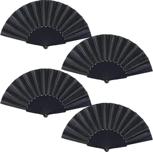 Black Folding Hand Fans Fabric Fans Chinese Japanese Style Summer Handheld Fan for Party, Wedding, Gifts, Wall Decoration,Photographic Props (Black-4pcs)