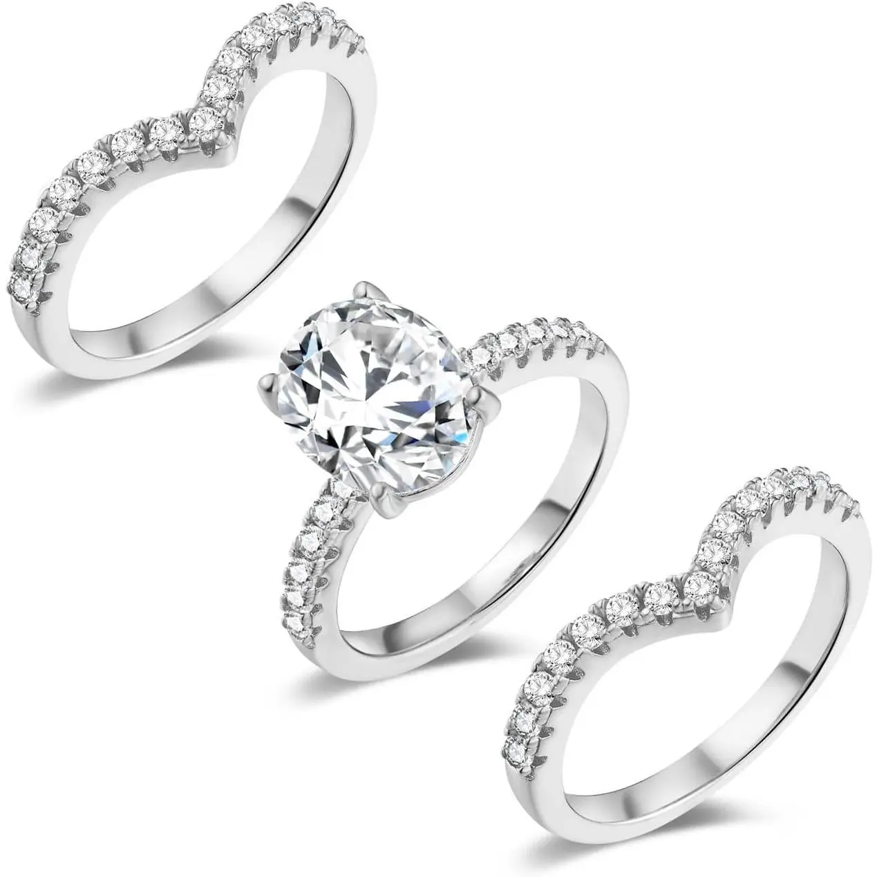 GEMSME 2CT Oval Cut With 2 V Bands 7 * 9mm Oval Cubic Zirconia Three-in-One Wedding Band Engagement Promise Eternity Ring for Women Mother Day Birthday Christmas Gift R-7521