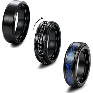 FUNRUN 3Pcs Black Stainless Steel Spinner Rings Set for Men | 8mm Fidget Anxiety Rings | Cool Celtic Dragon & Chain Inlay Band summerwins