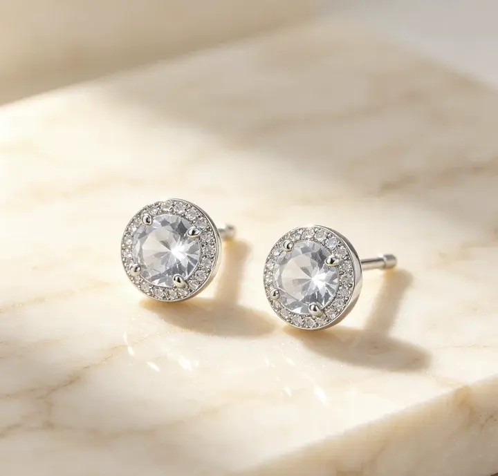 Women's Round Stud Earrings - Shiny Tiny Stone-Surrounded, Nickel-Free, Lead-Free, Hypoallergenic, Anti-Fade Elegant Costume Jewelry for Daily Wear, Wedding Gifting