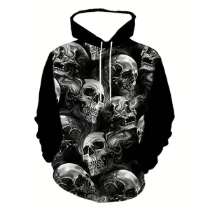 Men's Gothic Skeleton Printed Hoodie, Full Skeleton Pattern, Winter Warm Hoodie, Casual Street Style, Pattern Printed HoodieRAIMENTRY