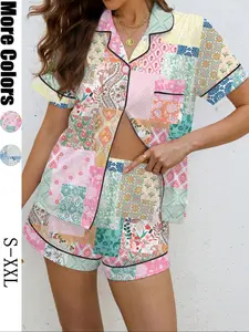 Women's Floral Print Sleepwear Pajamas Set, Casual Fitted Shirt Collar Top & Elastic Shorts, Soft Comfortable Home Wear for All Seasons