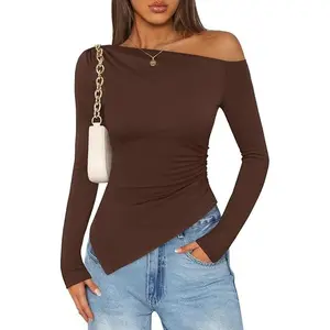 ZESICA Women's Off The Shoulder Tops 2026 Long Sleeve Y2K Asymmetrical Ruched Fitted Shirts Fall Trendy Going Out Top