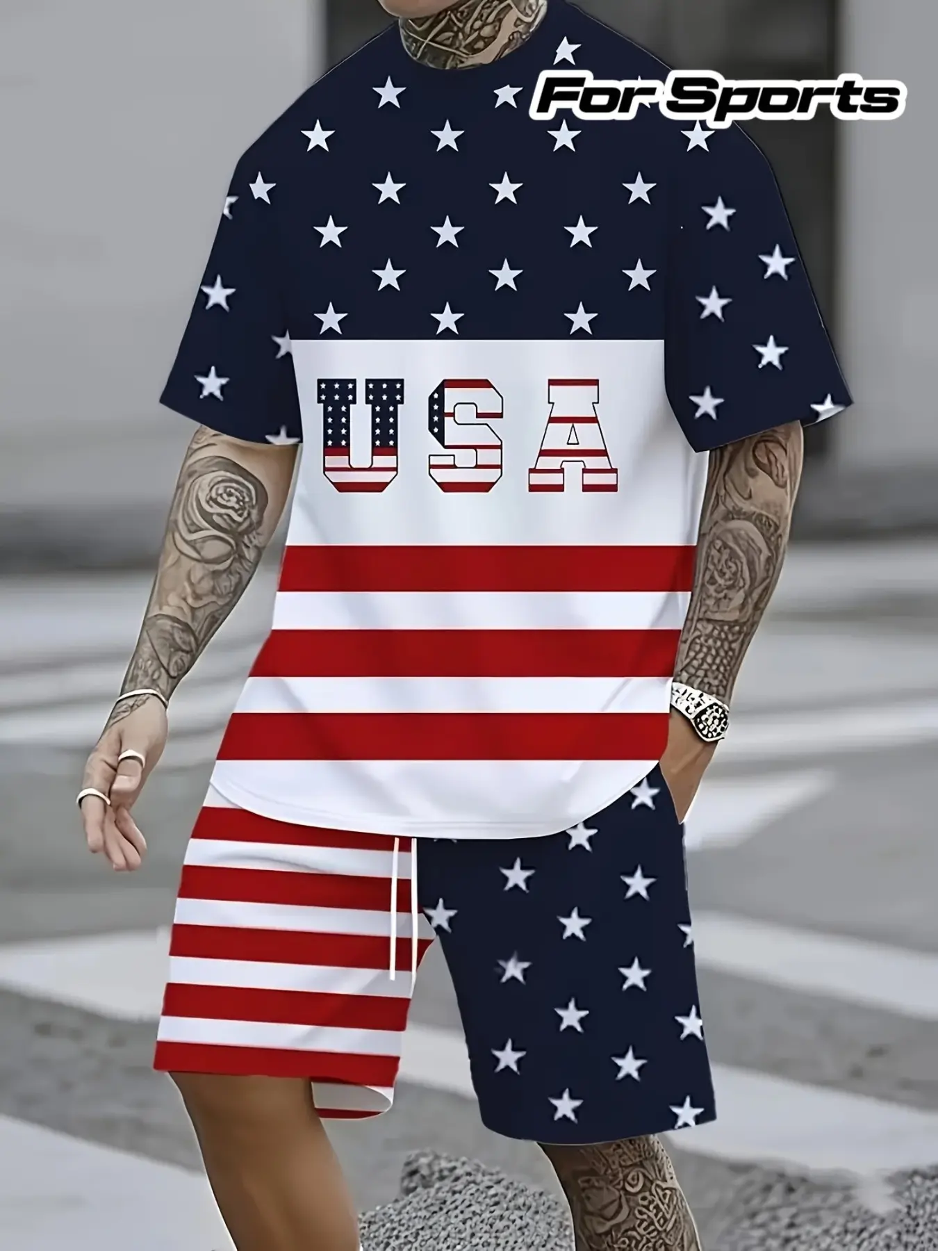 Independence Day Flag Casual Sports Clothing Set for Men, Summer Trendy Short Sleeve Shorts Two-Piece Set, Fitted Graphic Tee and Natural Waist Shorts