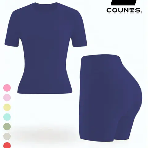 Women's Seamless Sportswear Set, Round Neck Short Sleeve T-Shirt and High Waist Bike Shorts, Casual Two-Piece, All Seasons