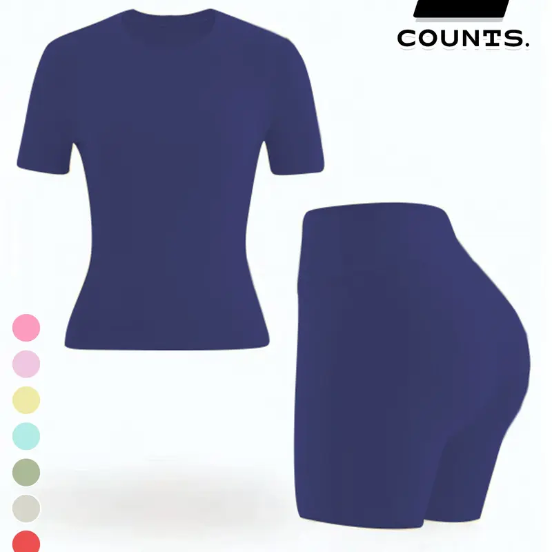 Women's Seamless Sportswear Set, Round Neck Short Sleeve T-Shirt and High Waist Bike Shorts, Casual Two-Piece, All Seasons