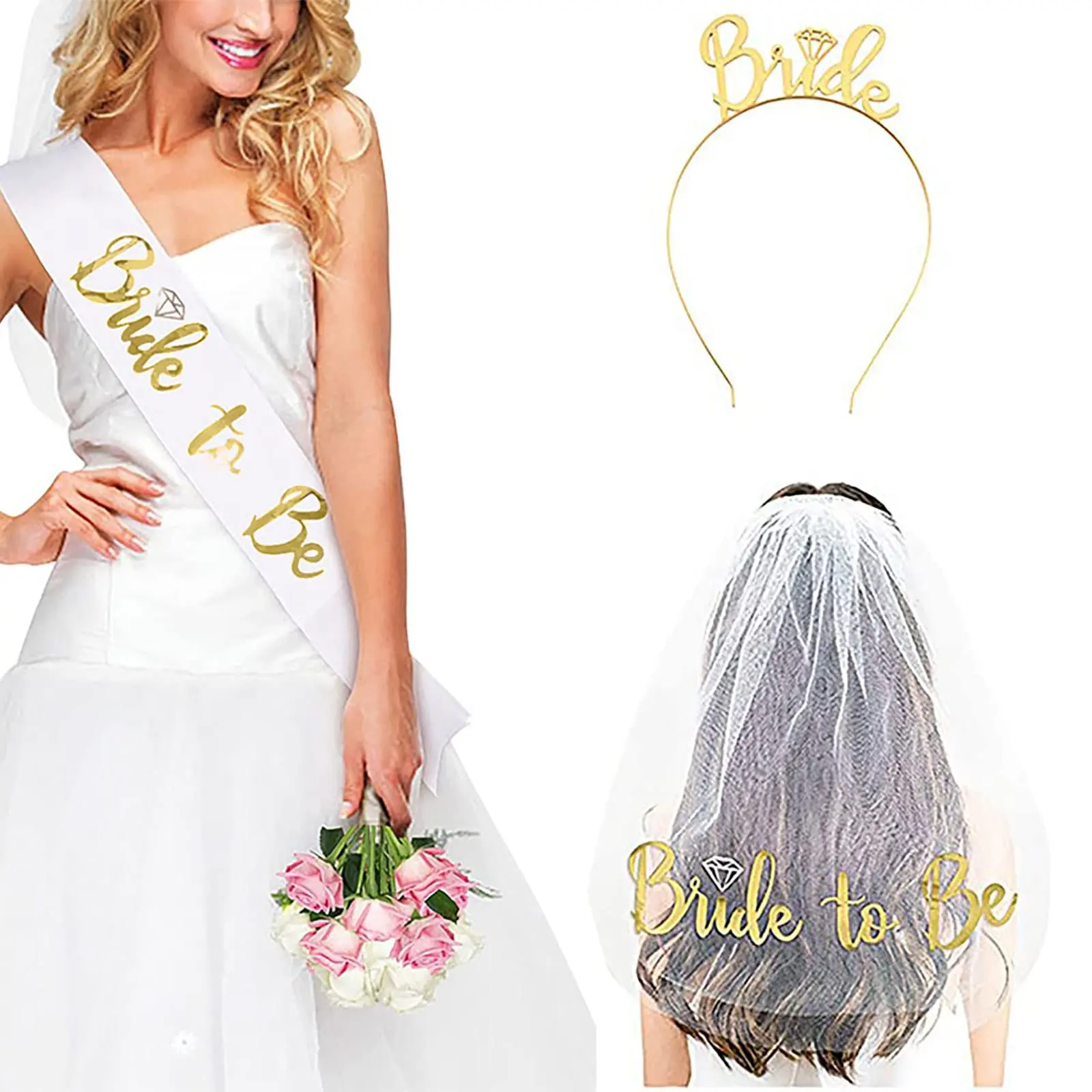 Bride To Be Lettering Sash & Headband & Veil Set, 1 Set/3 Sets Bridal Shower Decorations Party Decoration Set, Fashionable Wedding Party Accessories, Masks, Halloween, Complete Accessory Set