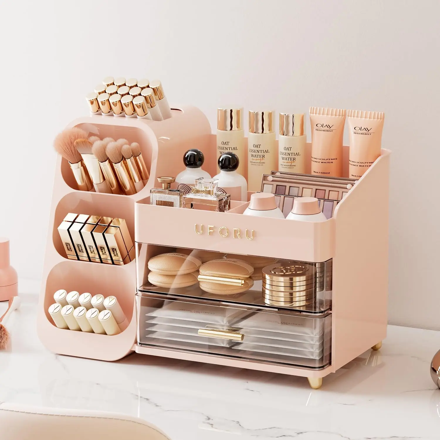 UFORU-Large Capacity Makeup Storage Box, Multi-functional Makeup Brush Lipstick Eyebrow PencilPocket Mirror Storage Box, Desktop MakeupOrganizer for Home & Travel, Makeup Box,Cosmetics Organizer Storage