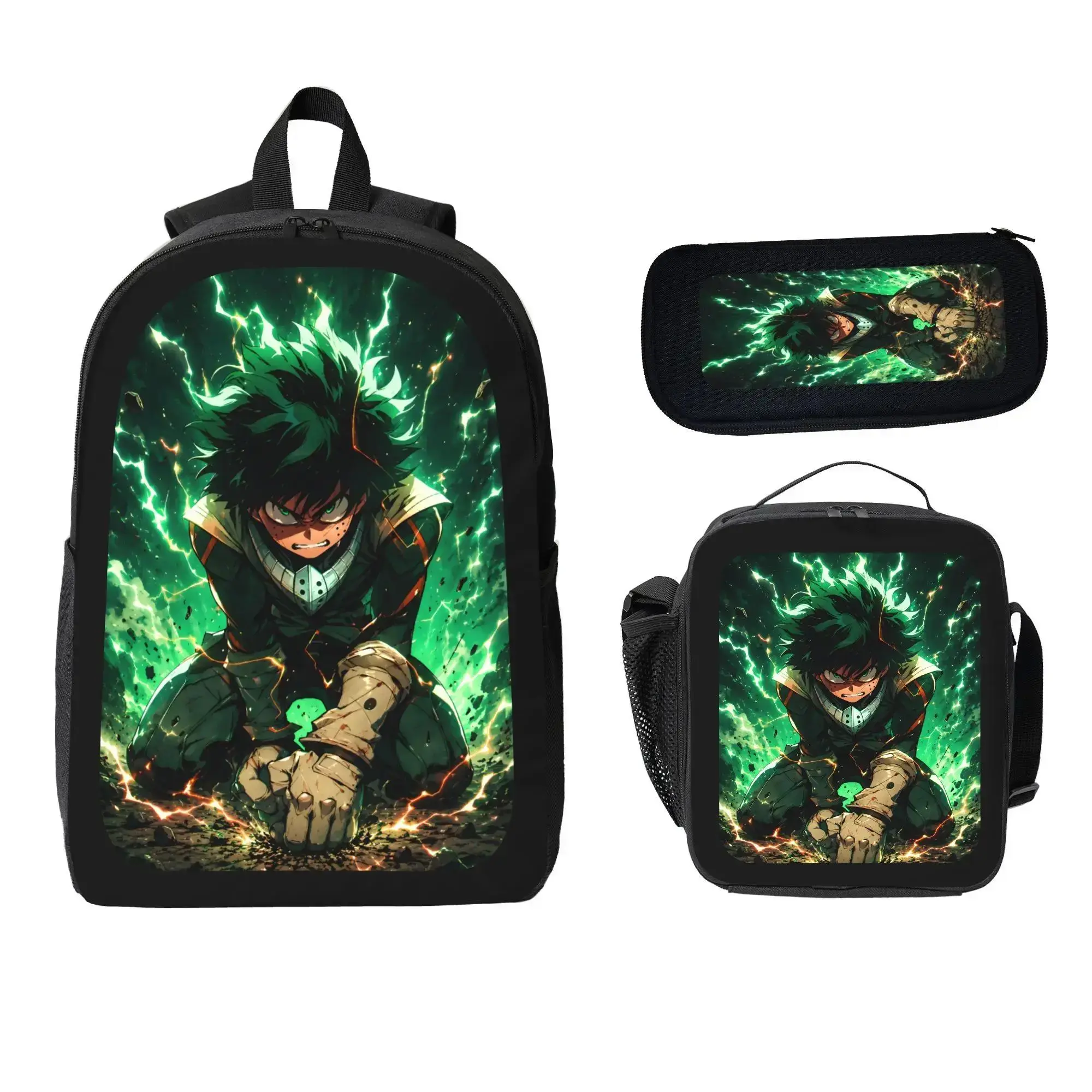 My Hero Academia Backpack 3PCS Leisure Daypack Shoulder Bag Travel Sports Double Strap Backpacks 17in