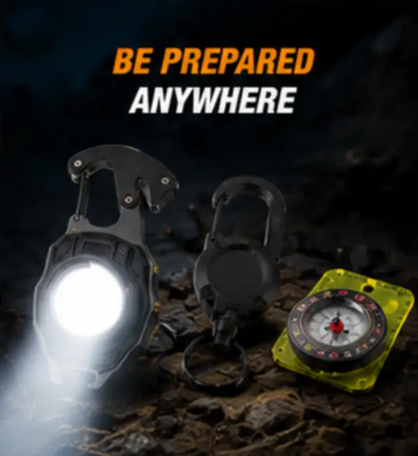 Camping 3-Piece Essential Set - Multifunctional LED Light, Mini Compass, Extendable Keychain - Ideal Gift for Outdoor Enthusiasts