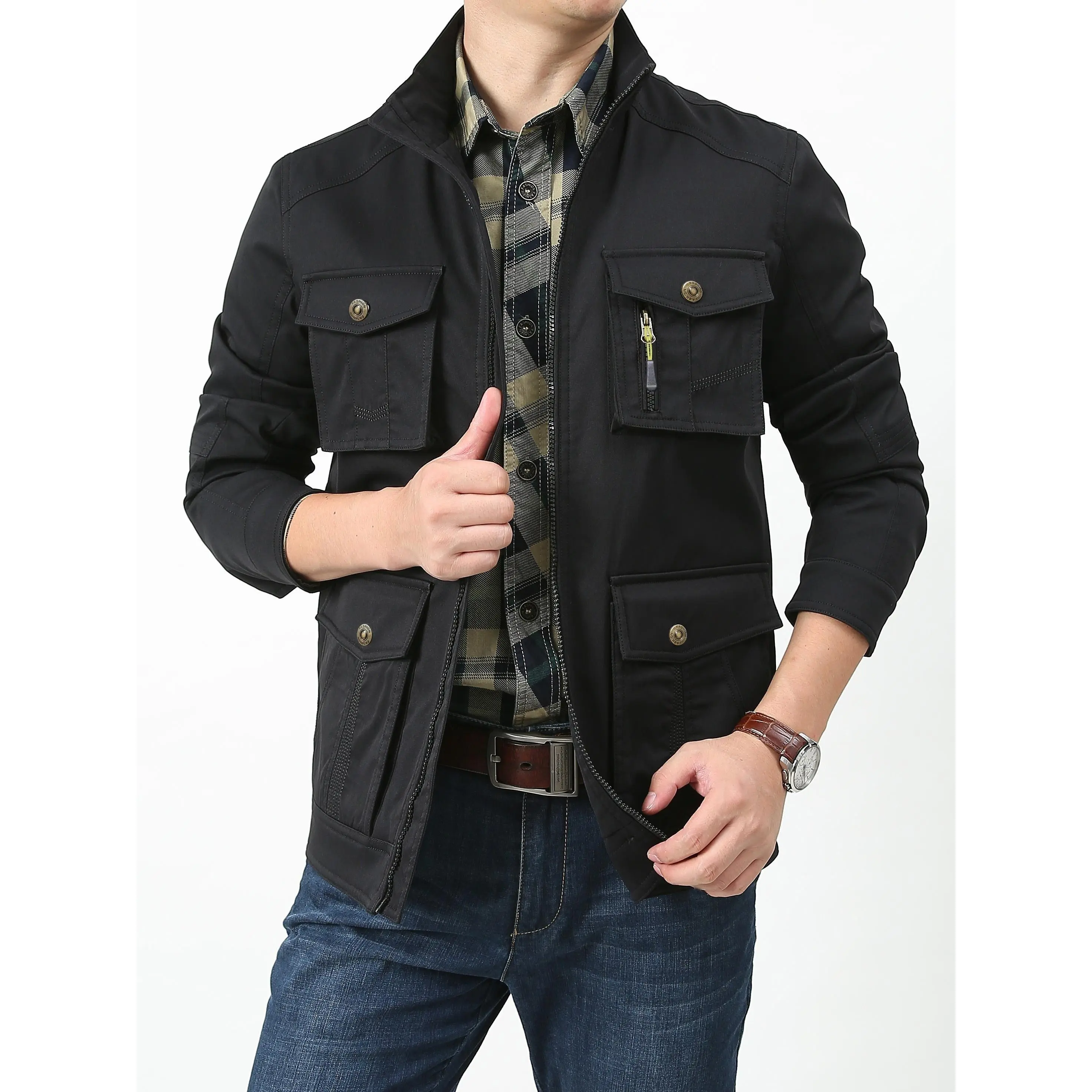 Men's Classic Plain Loose Nylon Cargo Jacket - Longsleeves, Casual Collared Neck, Multi Pockets, Windproof Zip Closure, Regular Cut, Dry Clean Suitable for Fall Winter Menswear Tops