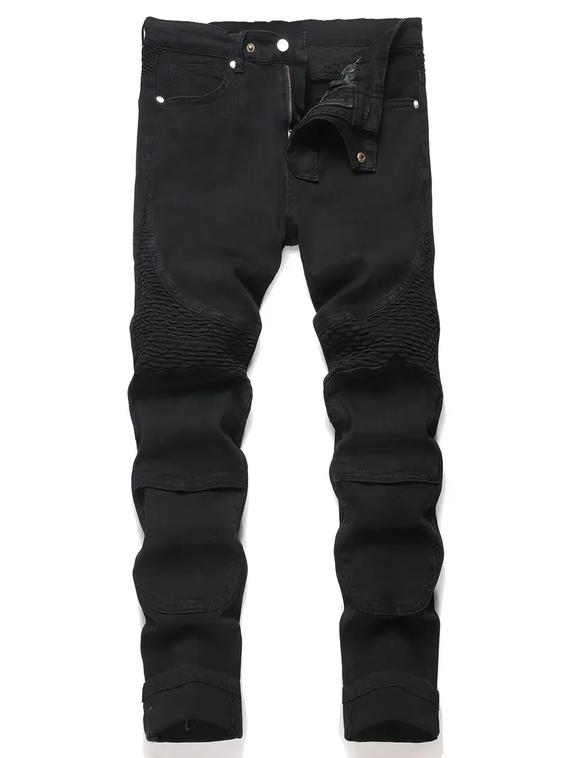 Men's Slim Fit Biker Jeans Ripped & Distressed Moto Denim Pants 100% Cotton Solid Black Color for Stylish Riders