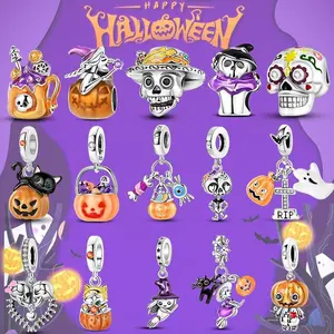 Halloween Series Charms Bead 925 Sterling Silver Luminous pumpkin Skull Witch Black Cat Fit Bangle Bracelet Necklace DIY Jewelry