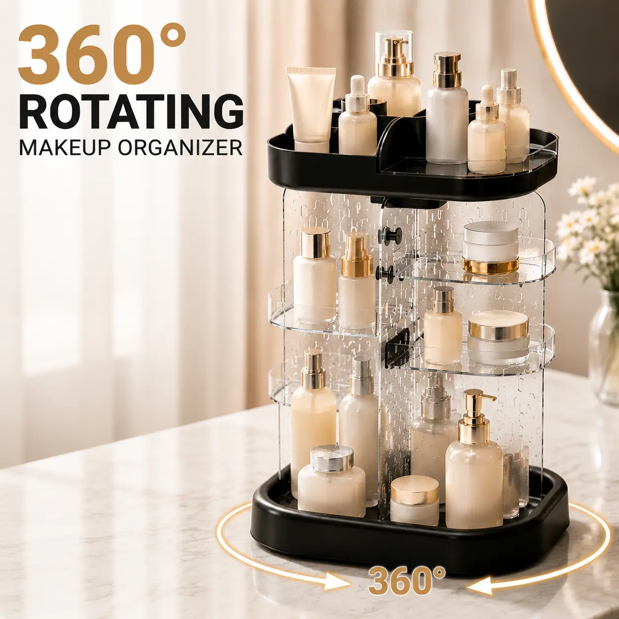 360° Rotating Transparent Acrylic Makeup Organizer Set - Large Capacity Hollow Storage Boxes with Adjustable Multi-Layer Shelves, Vanity Organizer for Skincare & Beauty Products, Ideal Gifts, Installation