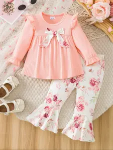 Girls' Floral Set, Sweet Fresh Design, Ruffle Top with Flower Bow, Bell Bottom Pants, Full Print, Casual Daily Wear, Baby Girl Clothes