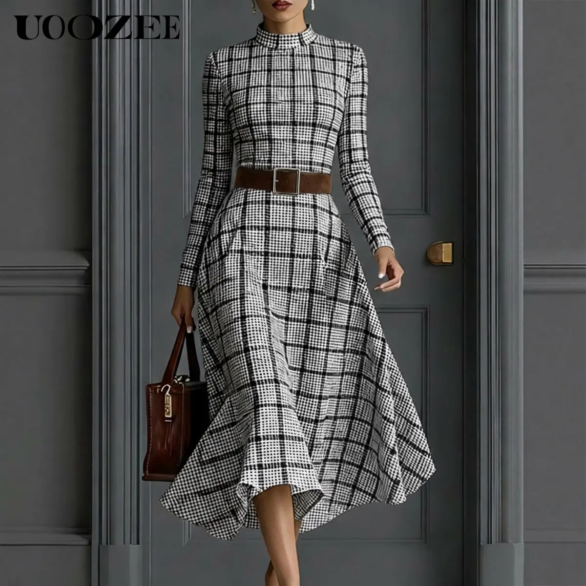 UOOZEE Women's New 2026 Spring Summer Black White Plaid Stand Collar Midi Dresses, Long Sleeve Belted Flared Midi Dress Retro Elegant Dresses Stylish Pleated Dress (Bust Runs Small - Check Size Guide or Order Larger), Polyester, Smooth
