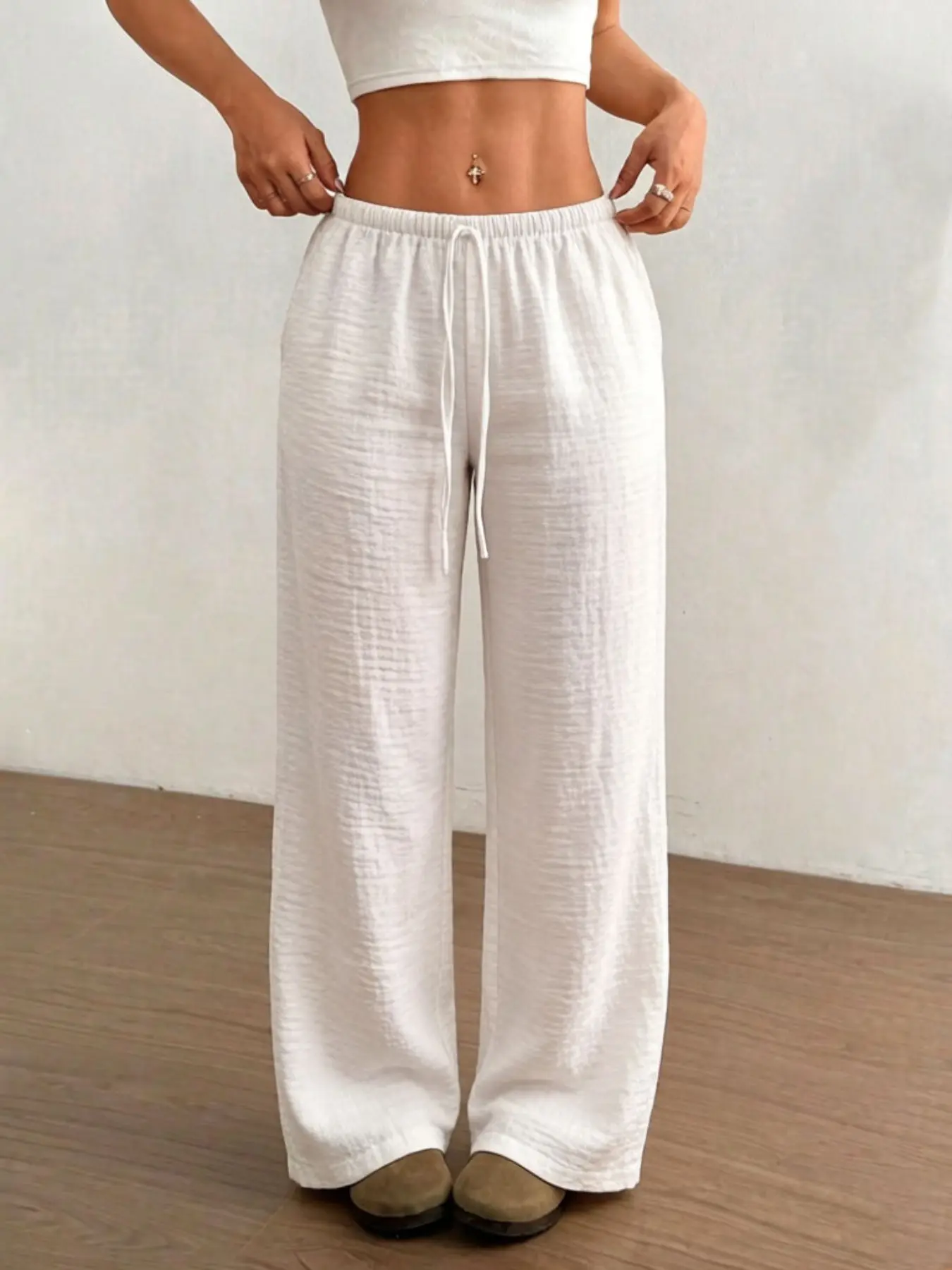 Drawstring Waist Adjustable Wide Leg Pants - High Waist Loose Fit Trousers, Coquette Aesthetic Casual Bottoms, 4 Colors Available, Summer Vacation Loungewear, Viral Trendy Women's Fashion