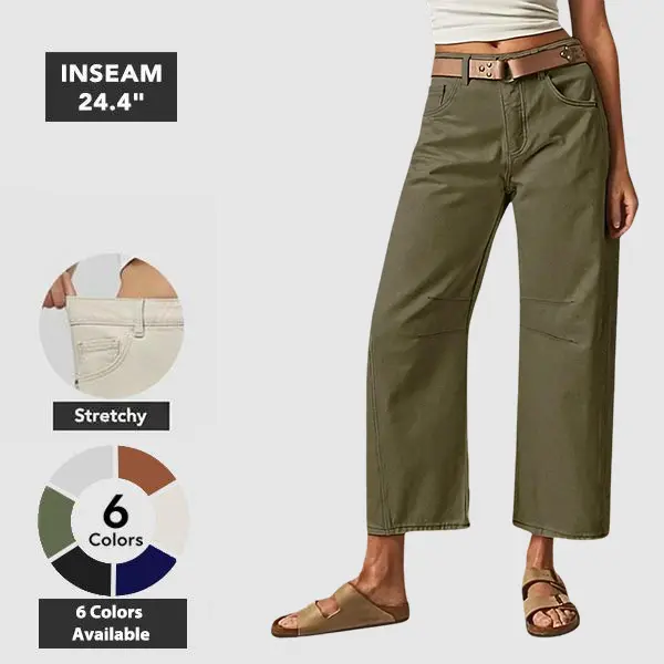 Flamingals Solid Stitch Detail Mid Waist Crop Baby Barrel Pants Without Belt Casual Summer Vibes