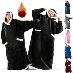 Oversized wearable blanket hoodie in flannel sherpa fleece—warm, cozy Christmas wrap throw gift for adults