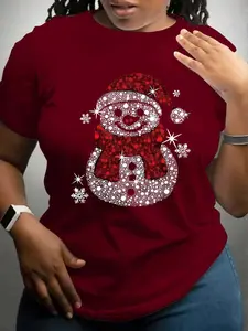 Women's Plus Size Christmas Snowman Print Round Neck T-Shirt, Casual Comfy Stretchy Fitted Short Sleeve Top, Spring Summer Fashion
