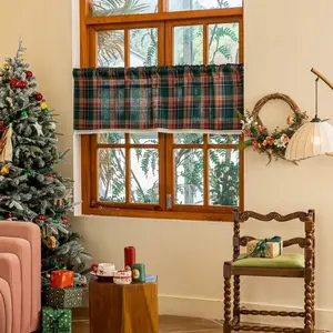 1panel green checkered lace short curtain, American retro countryside style coffee curtain small curtain, simple modern feel comfortable holiday atmosphere decorative curtain, suitable for restaurant kitchen coffee shop door curtain cover curtain