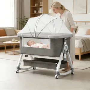 3 in 1 Bedside Baby Bassinet for Newborn 0–6 Months, Rolling Bassinet with Height Adjustment, Breathable Mesh Sides, Rocking Cradle, Mattress, Mosquito Net & Storage Basket Bassinet with Mattress travel