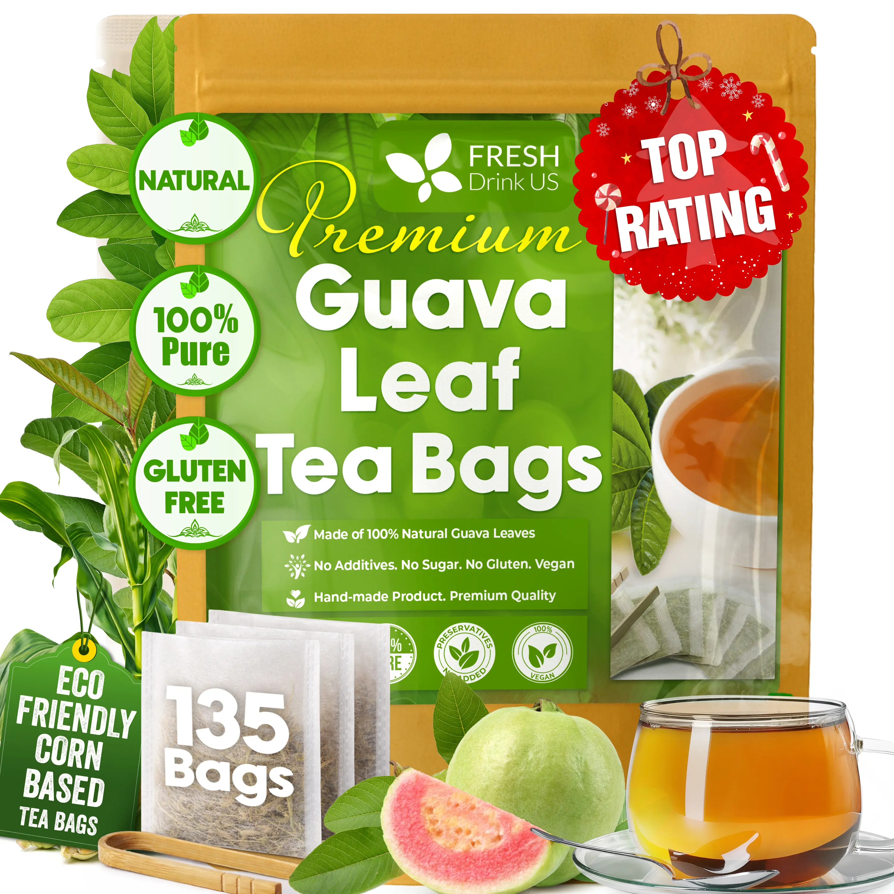 FreshDrinkUS, Premium 135 Guava Leaf Tea Bags, Handmade, From Great Origin, 100% Natural and Pure. Guava Tea, Loose Leaf Herbal Tea. No Sugar/Caffeine/Gluten, Vegan.
