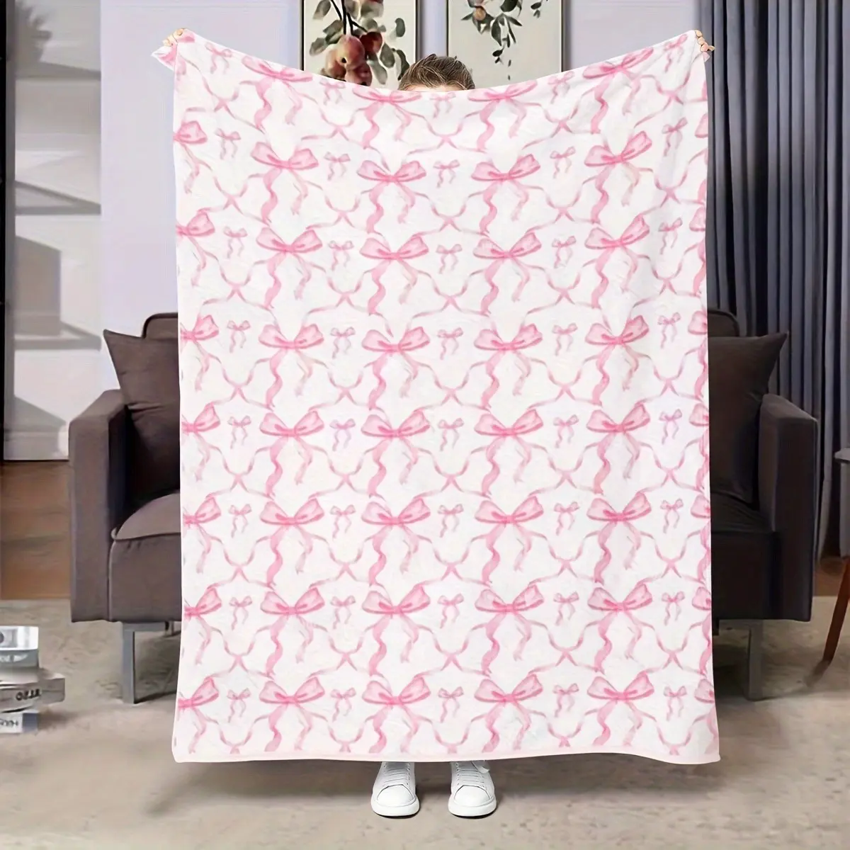 Coquette Watercolor Pink Bow Flannel Blanket - Cute Girly Ribbon Pattern, Soft Warm Plush, Ideal Birthday Gift for Girls, Dorm Bedroom Sofa Aesthetic Home Decor