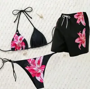 Cute Couples Matching Swimwear for Vacation: Men's Floral Beach Shorts & Women's Sexy Bikini Set Contrasting Color Women's Surf Swimsuit