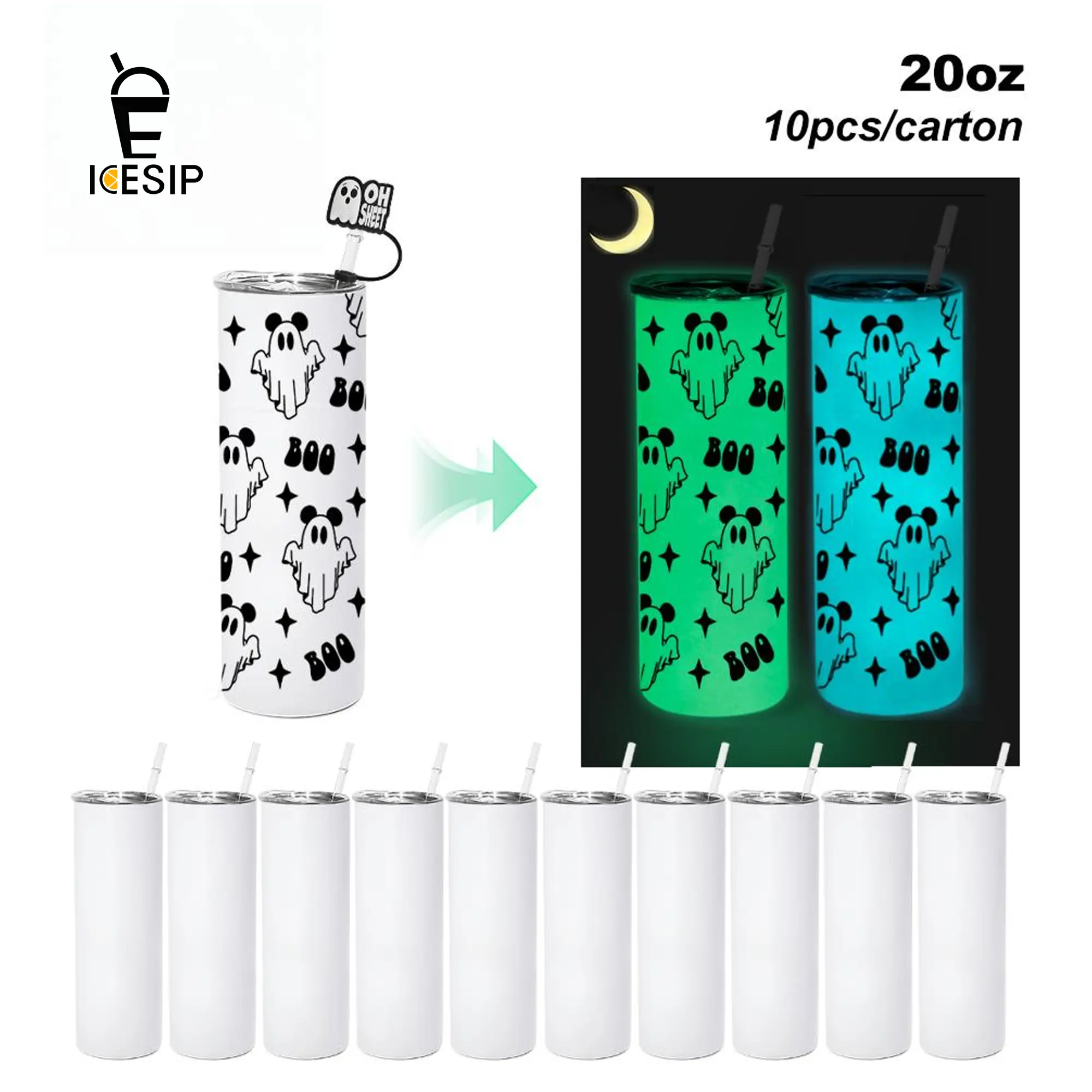 20OZ Stainless Steel Straight Skinny Water Bottle, Halloween UVDTF Glow-in-the-Dark Green Blue Glow-to-Green Reusable Bottle with UV Stickers, Silicone Topper Cover, Portable for DIY Gifts, Halloween Party Decor