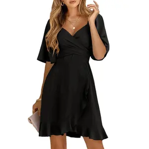 Dokotoo Women's Wrap V Neck Short Flared Sleeve Wedding Guest Dress Smocked Elastic Waist Tiered Belted Ruffle Hem Mini Dress